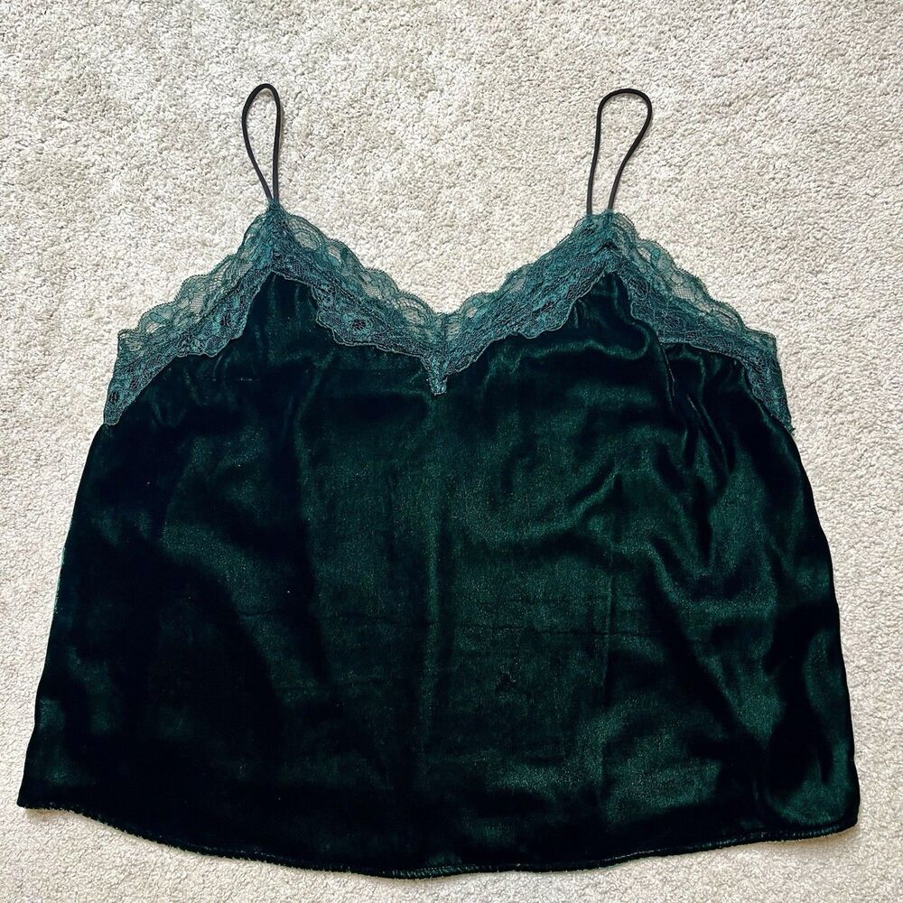 J.O.A Velvet Cami Tank Top Womens Medium Green Lace V-Neck Y2K Whimsi Goth 90s